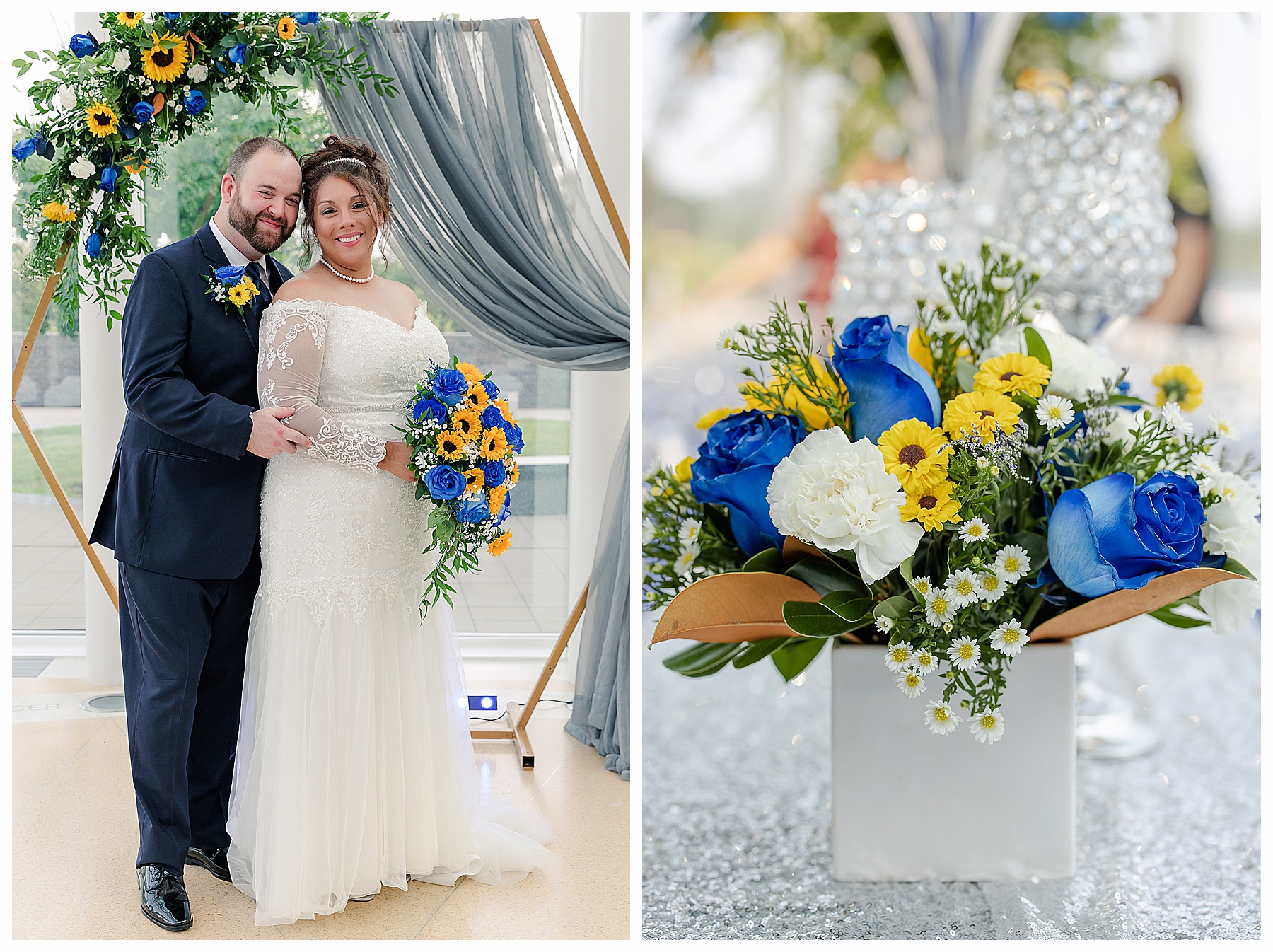 Bride and Groom at Bismarck Heritage center with blue and yellow bouquet