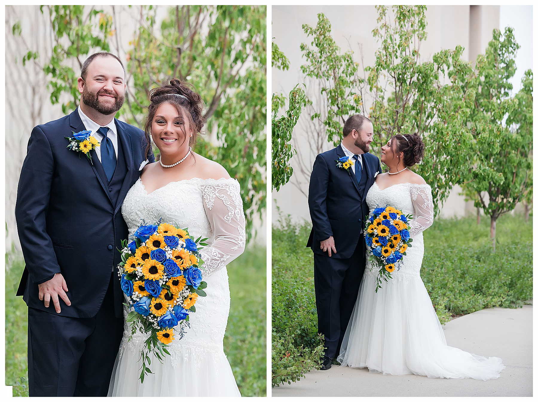 Bride with blue and gold bouquet stand with groom outside the Bismarck Heritage Center