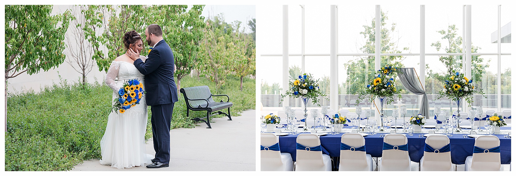 Royal blue and sunflowers wedding decor at the Bismarck Heritage Center

