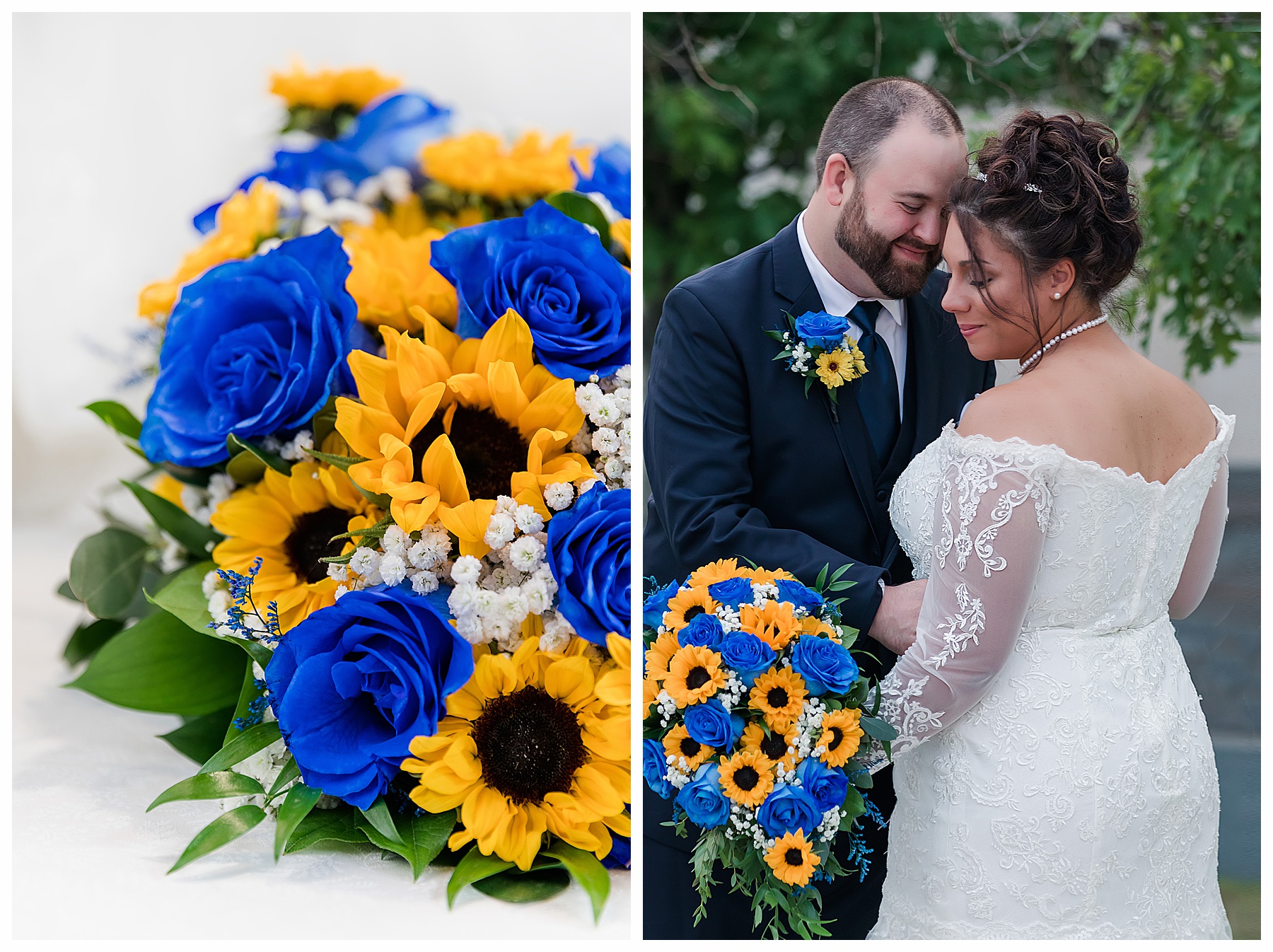 Groom looks at bride as she looks at royal blue and sunflower bouquet.  Bismarck Heritage Center