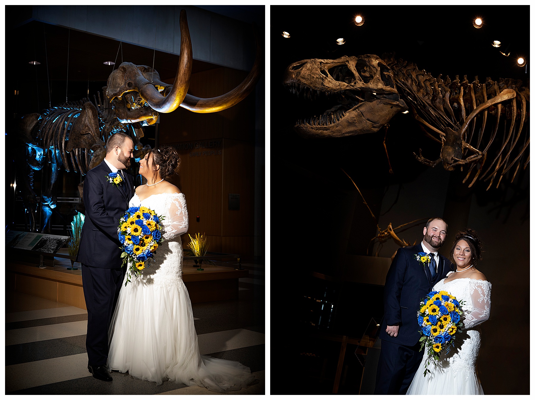 Photos of bride and groom inside the Bismarck Heritage Center with mammoth and T Rex