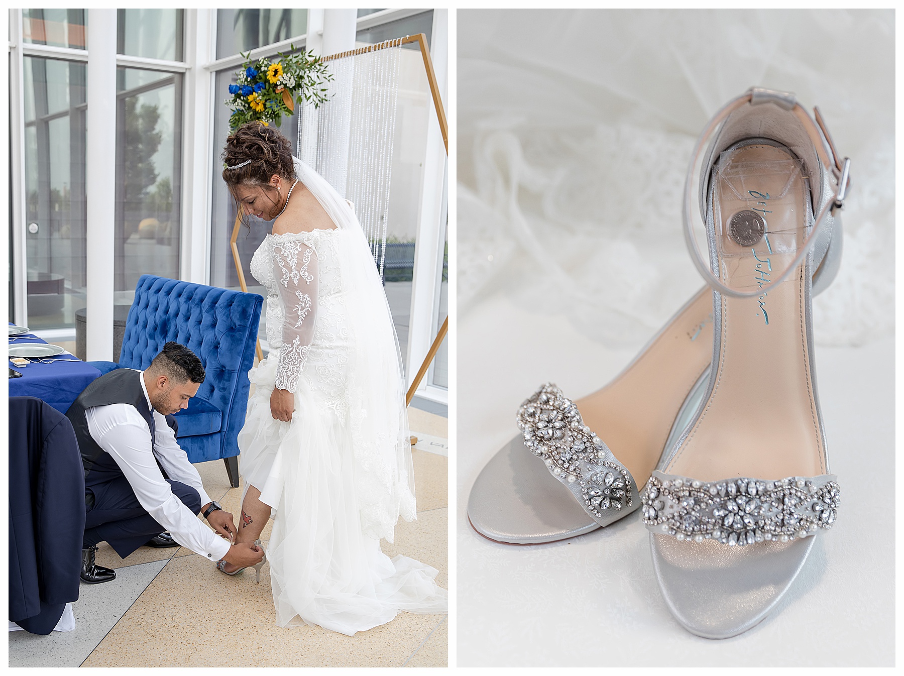 brother helps bride strap on her shoes.  Brides shoes with six pence
