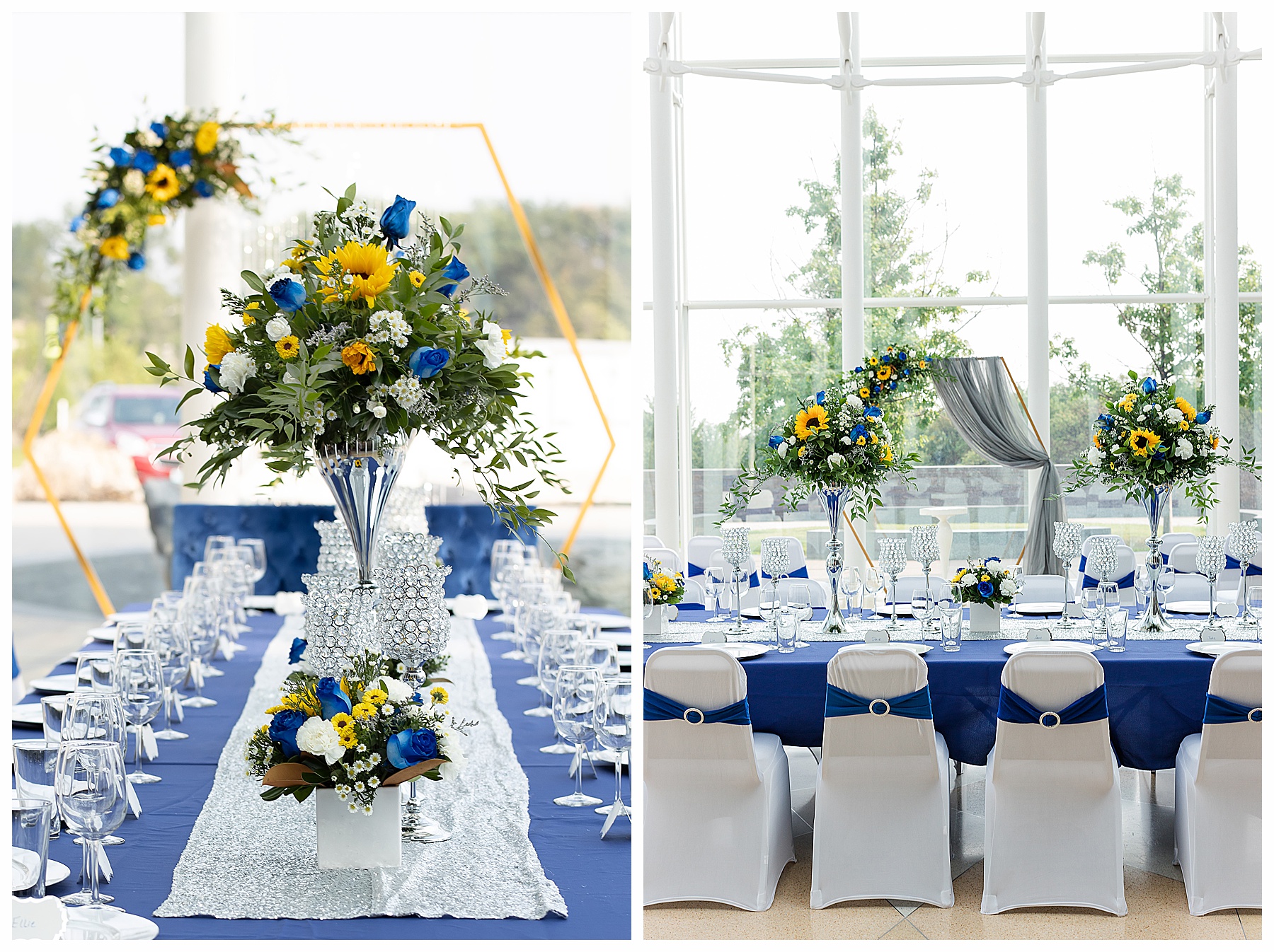 blue and gold wedding decor at the Bismarck Heritage Center
