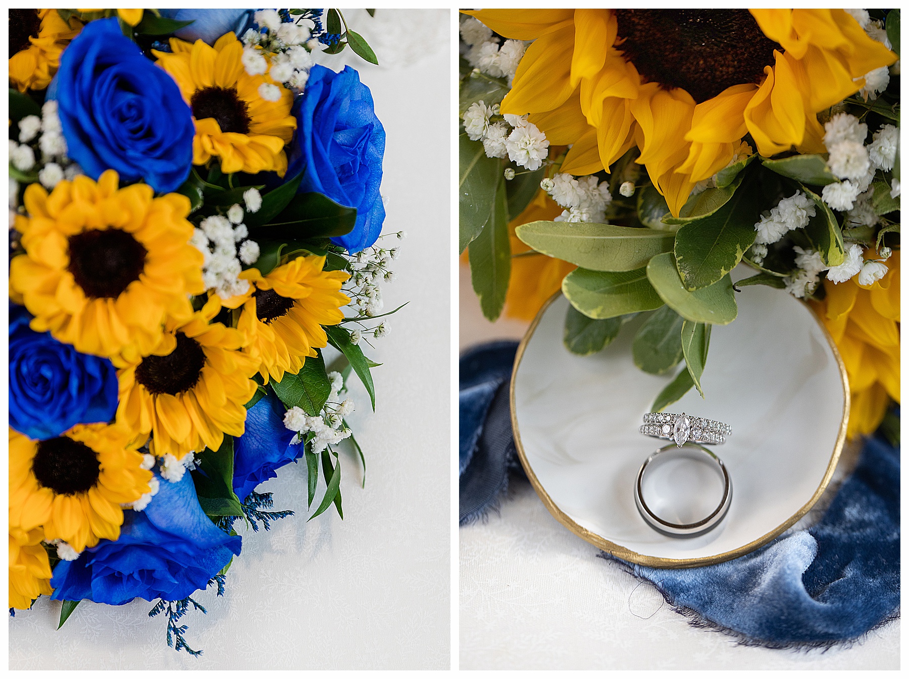 Close up of wedding rings with royal blue and sunflower bouquet